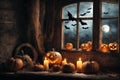 halloween holiday decorations, scary jack o lantern pumpkins and candles on a windowsill, flying bats outside the window, moonlit Royalty Free Stock Photo