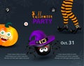 Halloween holiday design party template with copy-space for text. Happy pumpkin with funny monster face, witch legs with striped s