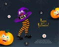 Halloween holiday design template with copy-space for text. Happy pumpkins with funny monster face and witch hat on legs with stri
