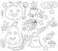 Halloween holiday doodle cute pictures hand drawn coloring pages ghost pumpkin broom cobweb autumn leaves