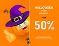 Halloween holiday fifty percent off discount sale. Orange smiling pumpkin face wearing witch hat showing thumb up on background