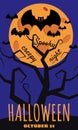 Halloween holiday greeting card bats moon tree. Template banner, flyer, poster