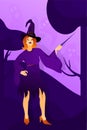 Halloween holiday greeting card. Young witch conjures in the woods.