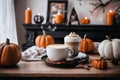 halloween holiday, home interiror, decoration with latte and pumpkins, still life, cozy, festive background