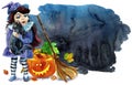 Halloween holiday little girl witch and cat on black background Royalty Free Stock Photo