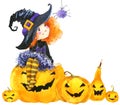 Halloween holiday little girl witch and pumpkin. Royalty Free Stock Photo