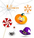 Halloween holiday objects on white background. Happy orange pumpkin with funny monster face, witch hat, cute spider, cobw Royalty Free Stock Photo