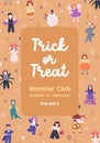 Halloween holiday party card, ad banner design with disguised kids. Promo poster, flyer template for October carnival