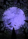 Halloween holiday purple and black grunge background with full moon, silhouettes of bats and terrible dead trees