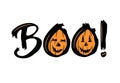 Halloween holiday quote Boo! with pumpkins. Template for posters and card design. Vector illustration