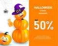 Halloween holiday sale banner or flyer. Happy orange pumpkin with funny monster face and witch hat showing thumb up on background