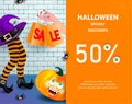 Halloween holiday sale banner with pumpkin happy monster face, purple witch hat, legs with striped stockings, cute smiling spiders