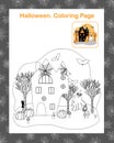 Halloween holiday scene spider web, bat, haunted house, candle, ghost, broom, pumpkin, mushroom outline coloring page Royalty Free Stock Photo