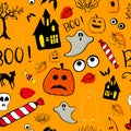 Halloween holiday seamless pattern background with hand drawing elements - pumpkin, ghost, cat and skull. Vector