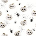 Halloween holiday seamless pattern background with hand drawing elements - white pumpkin and spider. Royalty Free Stock Photo