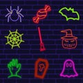 Halloween holiday set, neon icons on line brick wall background