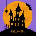 Halloween holiday. Silhouette of a castle with ghosts on the background of a full moon. A horror movie with a poke and a Royalty Free Stock Photo