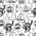 Halloween holiday vector seamless pattern of halloween death reaper, spooky ghost, black cat, bat, skeleton skull, witch