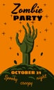 Halloween holiday Zombie Party greeting card rising hand dead cemetery