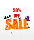 Halloween holliday fifty percent off sale. Big orange lettering, flying bats, spiders, smiling pampkin face, eyes and