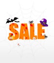 Halloween holliday sale. Big orange lettering, flying bats, spiders, smiling pampkin face, eyes and witch hat isolated