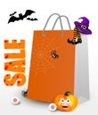 Halloween holliday sale. Big orange shopping bag, flying bats, spiders, smiling pampkin face, striped legs and witch hat