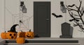 Halloween home decorations with pumpkin lamps and scary items decorated front of the door, 3D rendering Royalty Free Stock Photo