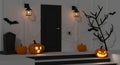 Halloween home decorations with pumpkin lamps and scary items decorated front of the doormat night, 3D rendering Royalty Free Stock Photo