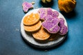 Halloween homemade gingerbread cookies background, close up Royalty Free Stock Photo