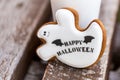 Halloween homemade gingerbread and honey cookies as a white ghost with happy halloween greetings text on a wooden bench and cup