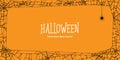 Halloween horizontal frame black cobweb and spider on orange ba Royalty Free Stock Photo