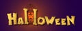 Halloween horizontal greeting banner with Halloween night, yellow handwritten text. Title Halloween on the dark