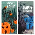 Halloween horror banner design, holiday night with bat, pumpkin vector illustration. Scary october party set, creepy Royalty Free Stock Photo