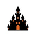 Halloween horror black castle with orange light window and door icon vector flat illustration