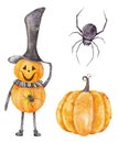 Halloween horror elements. Watercolor Jack pumpkinhead, orange pumpkin, spider Royalty Free Stock Photo