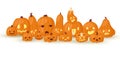 Halloween horror pumpkin-heads Jack o laterns vector illustration isolated on white. Pumpkins family with fire and scary