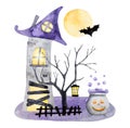 Halloween art watercolor illustration postcard