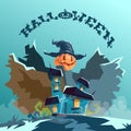 Halloween House Scarecrow With Pumpkin Face Party Invitation Card Royalty Free Stock Photo