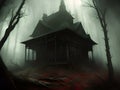 halloween house and scary tree with spooky forest background, Ai Generated Royalty Free Stock Photo