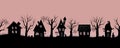 Halloween houses. Creepy village. Seamless border. Black silhouettes of houses and trees on a pink background