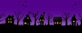 Halloween houses. Spooky village. Black silhouettes of houses and trees on a purple background