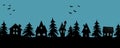 Halloween houses. Spooky village. Seamless border. Black silhouettes of houses and fir trees on a blue background