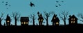 Halloween houses. Spooky village. Seamless border.