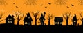 Halloween houses. Spooky village. Seamless border