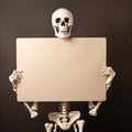 Halloween Human Skeleton Holding Blank Sign Dark Background Royalty Free Stock Photo