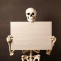 Halloween Human Skeleton Holding Blank Sign Dark Background Royalty Free Stock Photo