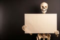 Halloween Human Skeleton Holding Blank Sign Dark Background Royalty Free Stock Photo