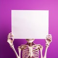 Halloween Human Skeleton Holding Blank Sign Purple Background Royalty Free Stock Photo