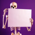 Halloween Human Skeleton Holding Blank Sign Purple Background Royalty Free Stock Photo