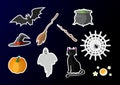 Halloween icon design set Halloween cat, witch hat, ghost, pumpkin, pot with a potion, spider on web, moon, bat, magic wand and Royalty Free Stock Photo